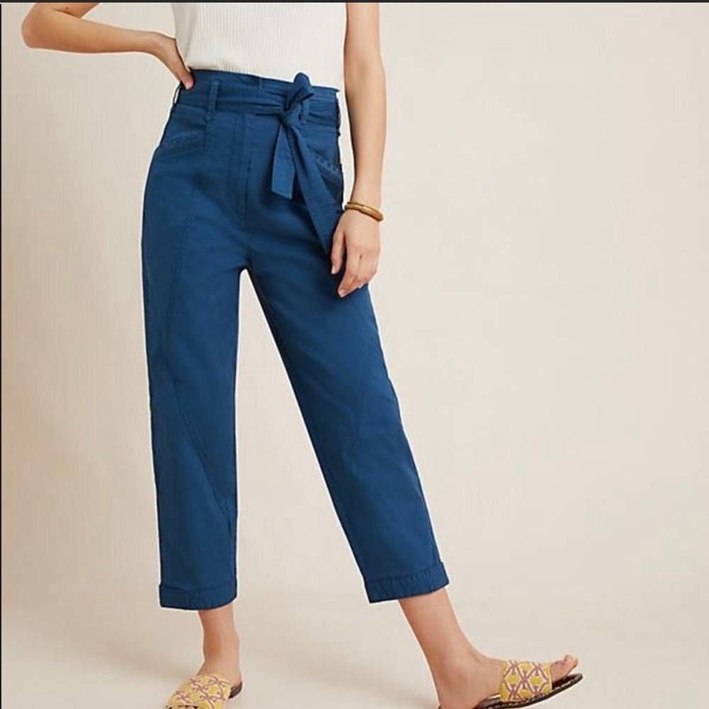 Anthropologie Teal Utility Pants Womens 6 Blue Coren Paper Bag Tie Waist Stretch